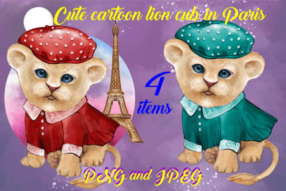 Cute Cartoon Lion Cub in Paris Clip Art