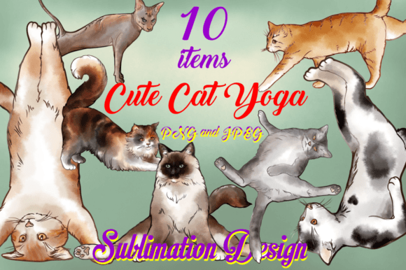 Cute Cat Yoga Watercolor Set Clip Art Graphics