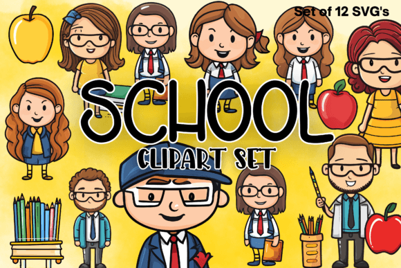 School Teachers and Pupils Clipart Set